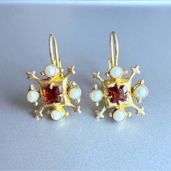 Jeanne De Bourbon Garnet & Pearl Square Earrings Sterling Silver Gold …